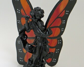 Stained Glass Angel Figurine Monarch Butterfly Hand-Painted Fairy - Made to Order (MON027)