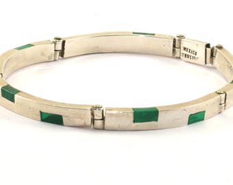Vintage Graphic Design Malachite Bangle Bracelet 925 Sterling Silver BR 399-E