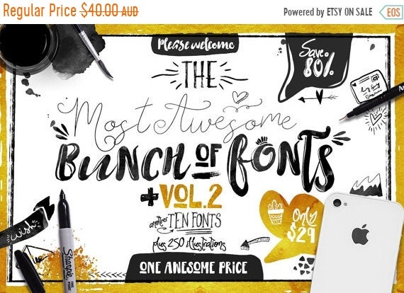 70% OFF Sale Big Bunch of Fonts Vol 2 - hand drawn digital typeface bundle for typography - Brush, script, display