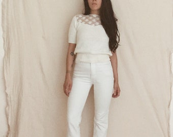 70's LACE SWEATER // White Ivory Cream // Boho Top // Knit Top // Xs Small Medium