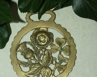 Vintage or Antique Rose, Thistle and Shamrock, Horse Brass - For Luck - Folk Magic, British, Pagan, Wisdom - Rare