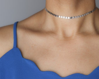 Silver Coin Choker - 4mm Silver Disc Necklace - Silver Coin Necklace - Coin Tattoo Choker - Layering Necklace - Bohemian Jewelry