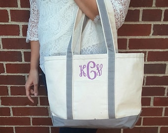 Monogrammed Zippered Top Canvas Tote with Handles : Medium