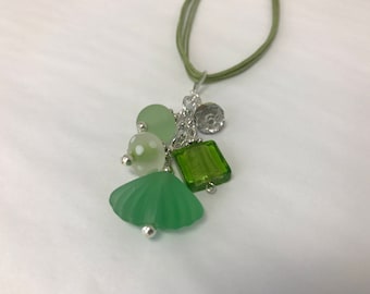 Lime Green Sea Glass Pendant Cluster Necklace