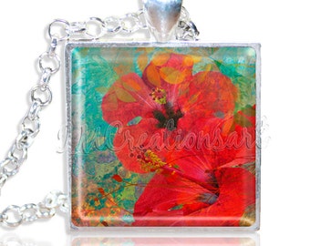 LIQUIDATION SALE! Hibiscus Flowers 1" Square Glass Pendant or with Necklace - SQ160