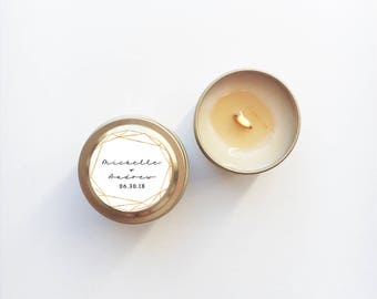 Set of 100 Wedding Favors, Gold Tin Personalized Candles, Wedding Favor Candles, Geometric wedding, Marble wedding, Candle Wedding Favors