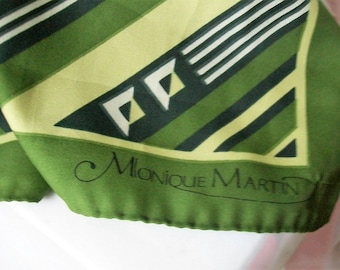 Vintage scarf - Monique Martin scarf - green striped scarf - 27 x 27 vintage womens scarf - retro designer scarf - womens accessories