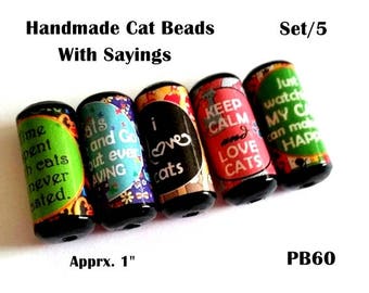 Cute Cat Saying Beads - Handmade Paper Tube Beads - Set/5 Beads - PB60