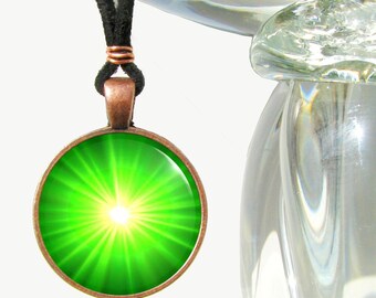 Green Heart Chakra Necklace, Starburst Energy Art Pendant, Reiki Charged