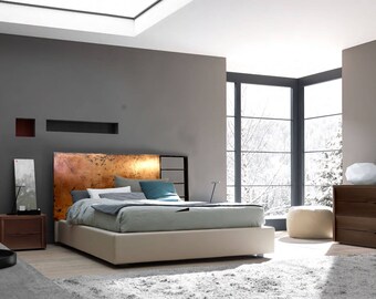 Queen sized copper headboard with blackened steel tubing