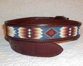 Hand tooled beaded leather belt