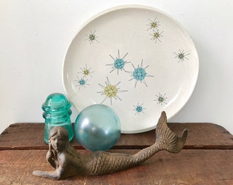 Franciscan Starburst Earthenware Plate;Made in the USA; Starburst Aqua, green, yellow; Mid century Plate