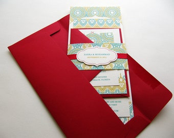 Indian Wedding Invitation. Henna Mehndi Party Invitation. Hindu Vivaha Invitation. Sikh Anand Karaj Invitation. Red and Teal – SAMPLE