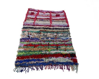 75"X63" Vintage Moroccan rug woven by hand from scraps of fabric / boucherouite / boucherouette