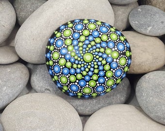 Meditation Stone - Green Blue Mandala Stone - Painted Rock - Mandala Rock - Zen - Dotilism - Rock Art - Mandala Art - Paint Stone