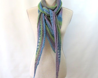 Merino Mohair Skinny Triangle Shawl Style Scarf Neckwrap with Beads - Blue, Green and Lavender Mochi