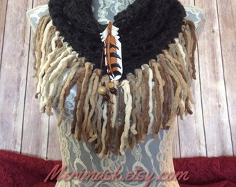 Charcoal Hawk cowl... knit crocheted fringed yarn soft scarf leather tie bohemian boho