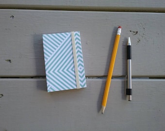 Green and White Stripes Pattern Pocket-sized Handmade Notebook - approx. 3"x4" - blank, 100 pages - elastic closure