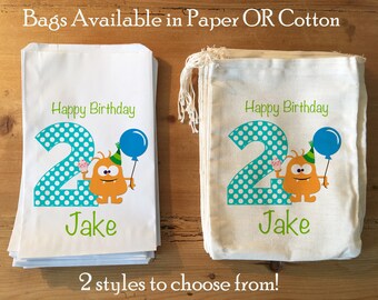 10 Monster Birthday Bags. Party Favor, Gift Basket Ideas. Vintage design. Personalized. Muslin Cotton Drawstring 6x8 7x9 7x11"