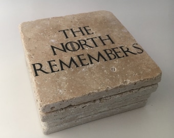 The North Remembers Game Of Thrones Natural Travertine Tile Tumbled Stone Table Coasters Set of 4 with Full Cork Bottom All Men Must Die