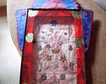 Antique Mexican Nicho Tin and Glass Retablo Red and Blue Rare