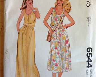 McCalls 6544 1970s Scoop Neck, Button Front Dress with Elastic and Drawstring Waist in Midi or Maxi Length - Size 12 Bust 34"