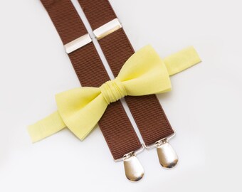 Christmas Gift Baby Bowtie And Suspenders Wedding Boys Outfit Light Yellow Bow Tie & Brown Suspenders