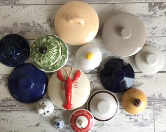 15 Broken China Mosaic Pieces Lids Knobs Glass Porcelain Lobster Bright Colors Modern