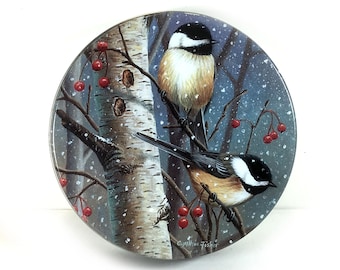 Vintage Round Metal Tin - Winter Chickadees