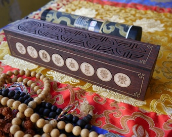 Incense burner box, Fire Safe, Eight Auspicious Signs, natural wood, tibetan style. Vajra on side. Hand painted.