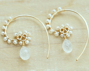Moonstone Pearl Gold Heart Earrings, White Wedding Jewelry, June Birthstone, Drop Earrings