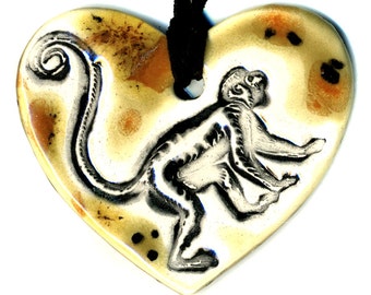 Monkey Love Heart Ceramic Necklace in Earth Tones