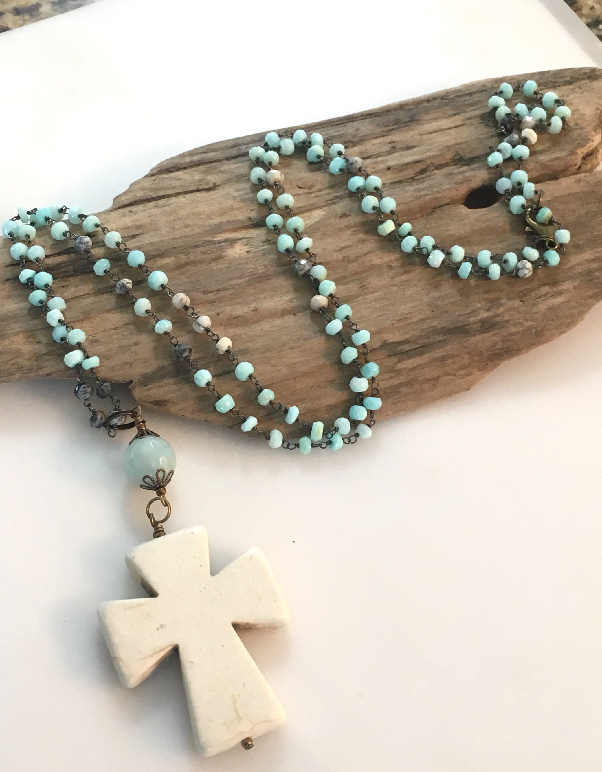 Beaded Pendant Cross Necklace Long Beaded Boho Necklace Aqua