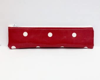 Small Red Pencil Case - Oilcloth - Red Polka Dots with White Spots/ Slim Oilcloth Pencil Case/ Red e-cigarette holder
