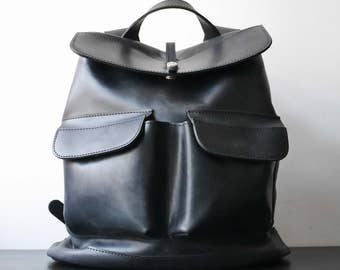 HandMade Black LEATHER BACKPACK / Handcrafted Cowhide leather Rucksack with two front pockets / Black leather bag
