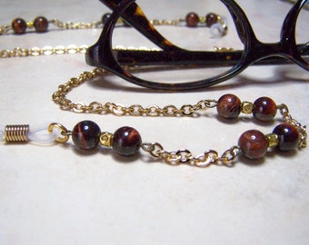 Chain for Glasses, CLEARANCE Red Tiger Eye, On a Gold Chain, One of a Kind Eyeglass Chain, 25 Inches,