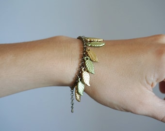 Dangle Feathers Bracelet Green and Gold Boho Bracelet Feather Charm Bracelet Kuchi Jewelry Tribal Bracelet Native American Bracelet Bohemian