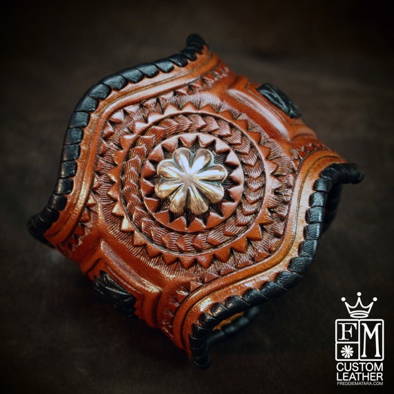 Leather Cuff Bracelet, tooled, braided formed with copper conchos! made for YOU in New York by Freddie Matara