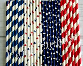 Patriotic Straws Red White Blue Stars and Stripes American 4th of July Military First Responder Birthday Strong Paper Straws