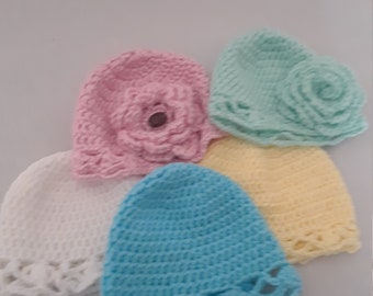 Preemie hand crocheted baby beanies, Handmade gifts for girls, Baby beanie with flower, Crochet flower beanie,Preemie baby hat