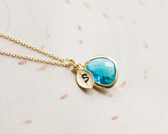 December Birthstone Necklace, Initial Necklace, Birthstone Jewelry, December Birthday Jewelry, Personalized Necklace, Blue Zircon /342