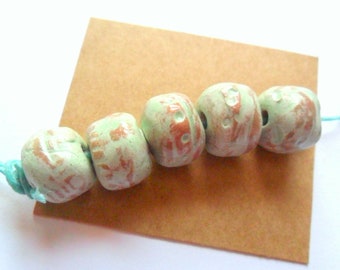 13mm Terra Cotta Clay Kiln Fired Beads with Distressed Soft Green Glaze, set of 5