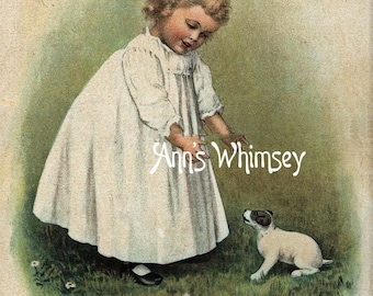Baby Dog, Baby Girl Art, Restored Antique ART Print "Come Here Baby" #139