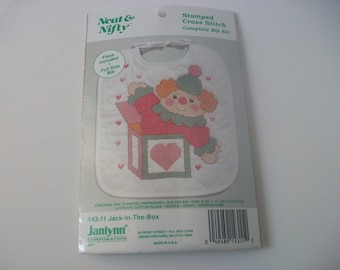 Stamped Cross Stitch Bib Kit, Sealed Vintage Baby Bib Jack in the Box, Neat & Nifty Quilted Bib Kit Craft Project