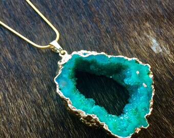 Green Druzy Geode Slice Necklace
