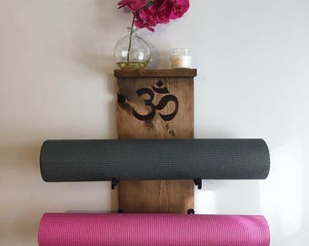 Double Yoga Mat Holder and Shelf with Custom Wood Burn Design - One of a Kind Wall Mounted Yoga Mat Rack