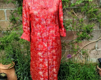 Chinese lined silk coat, mandarin collar, red and blue. 3/4 length sleeves