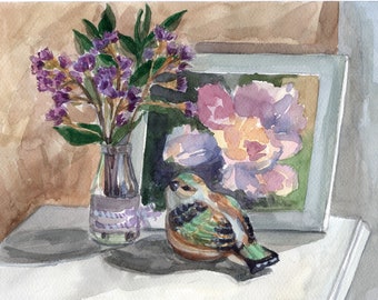 Still Life with bird Original watercolor painting