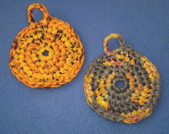 Two Plarn Dish Scrubbies, grey gray and orange, recycled plastic bags, upcycled dish scrubby pot scrubber
