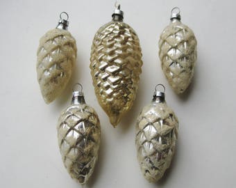 5 Vintage 50s West German Hand Blown Glass White Glitter Pinecone Christmas Tree Ornaments